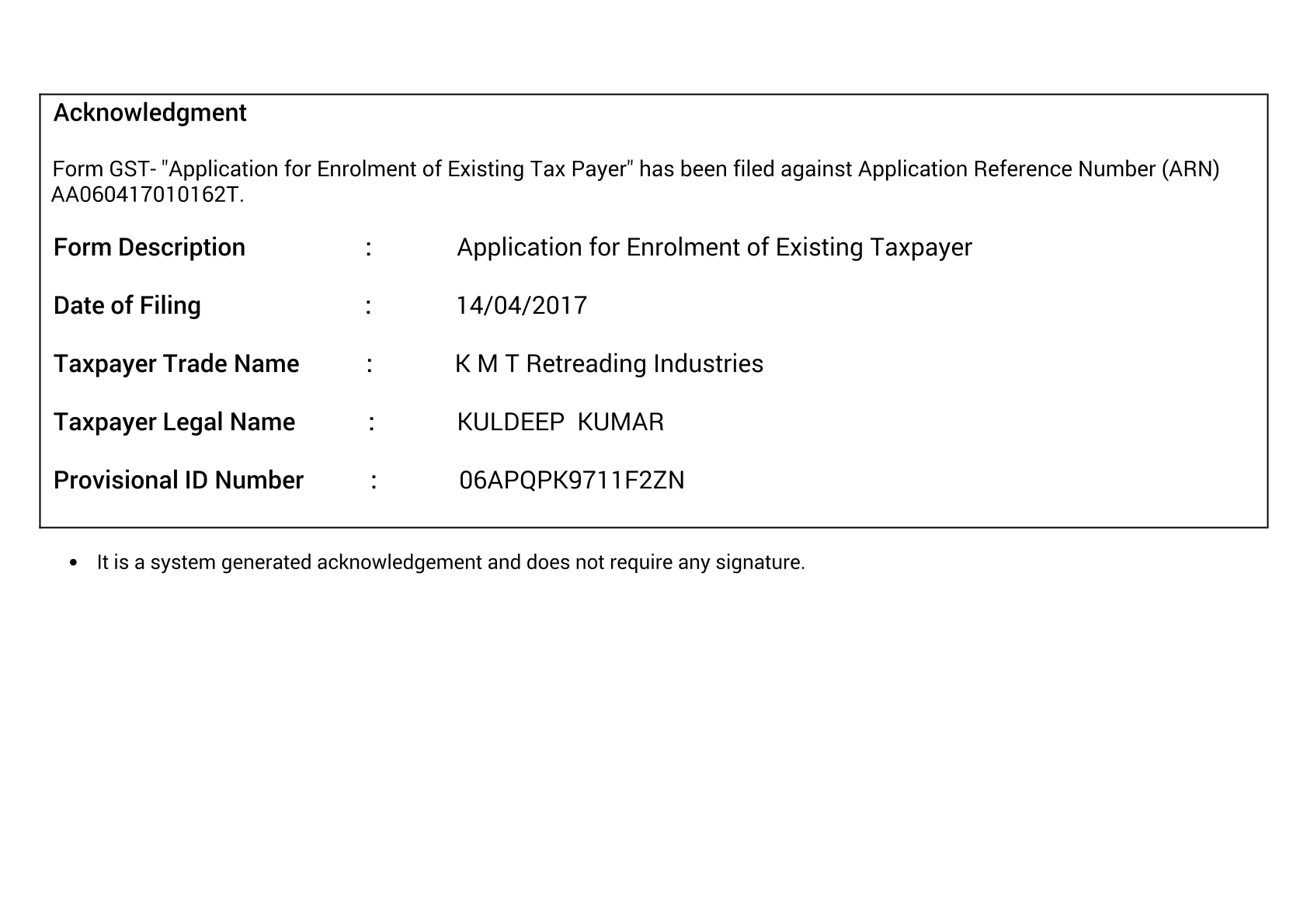 GST Enrolment Acknowledgment